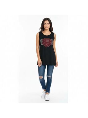 Shiny Black Sleeveless Top or Mini Dress with Red Rhinestone Rose, One Size NWT